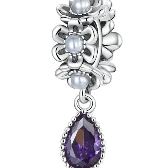 Sterling Silver Purple Crystal Teardrop and Pearls Dangle - Picture 3 of 5